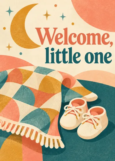 Midcentury baby card. Welcome, little one.