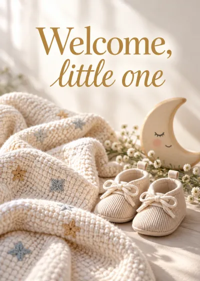 Stilllife baby card. Welcome, little one.