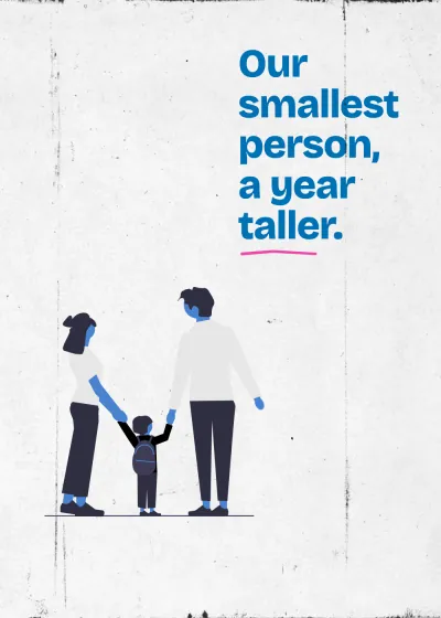 A family holding hands. Our smallest person, a year taller.