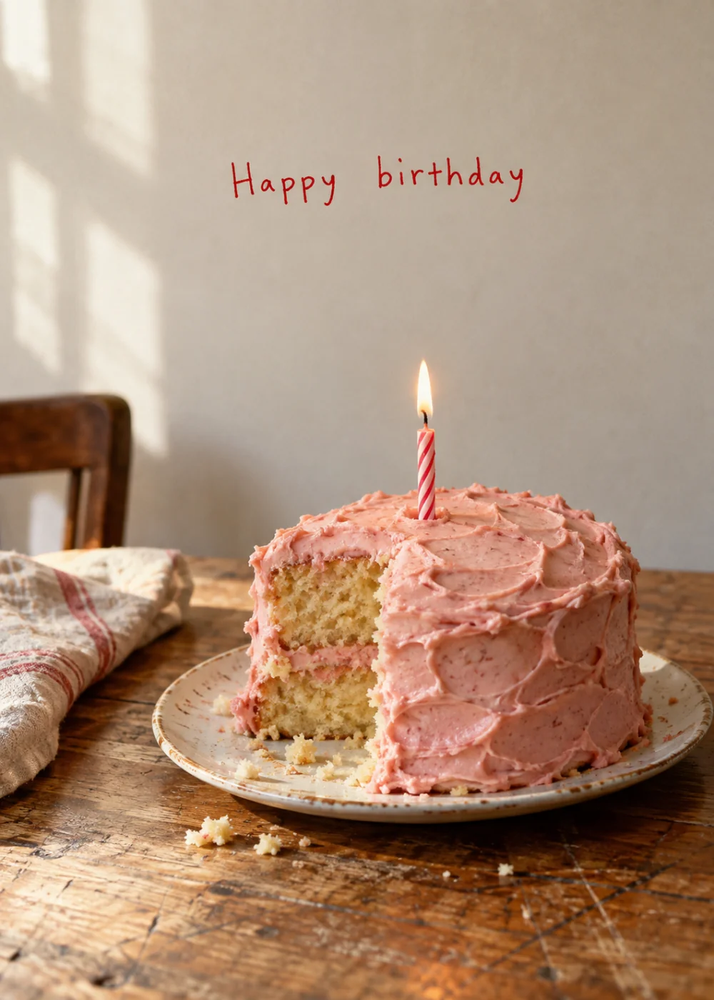 A homemade cake with one candle. Happy birthday.