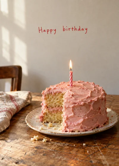 A homemade cake with one candle. Happy birthday.