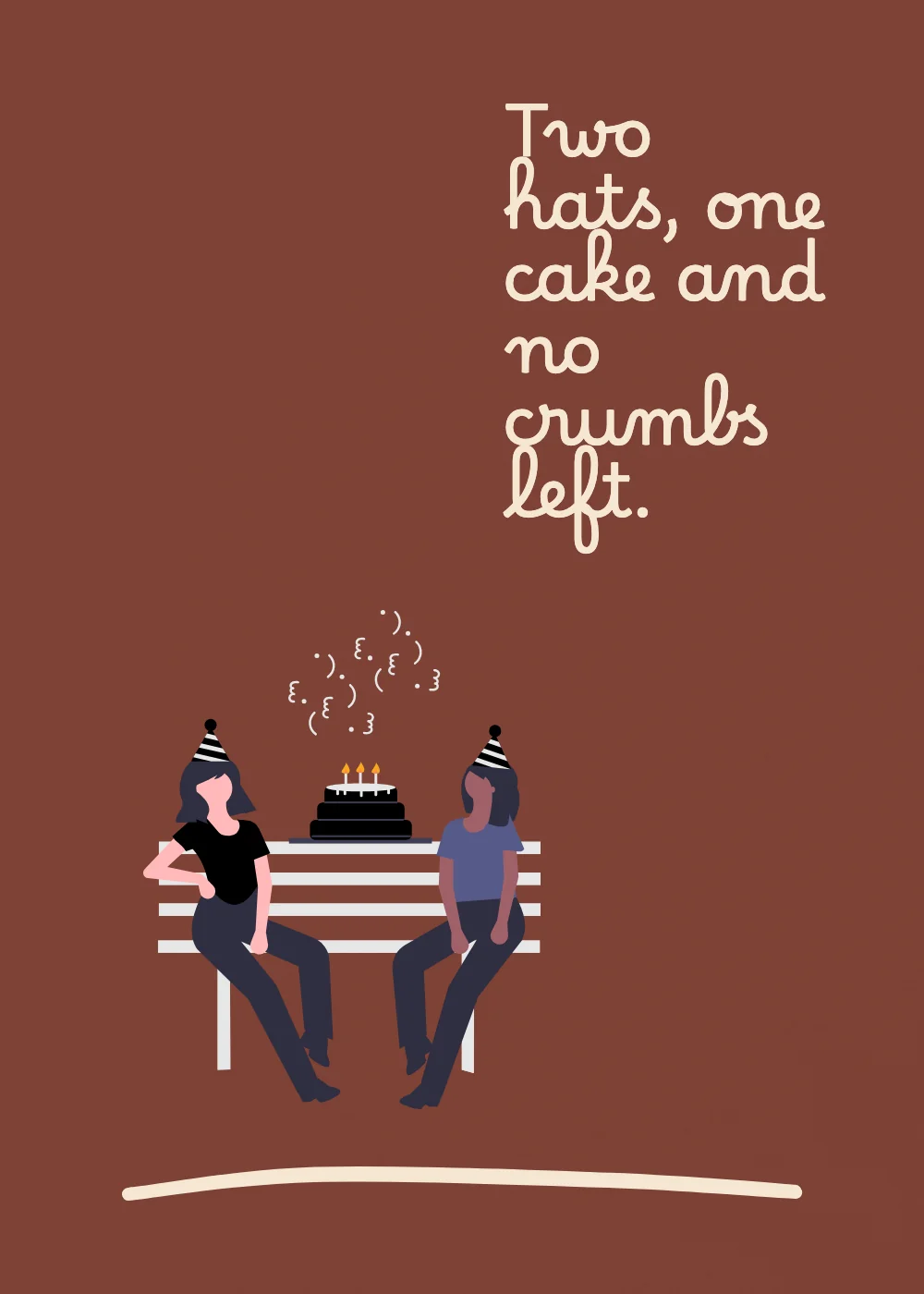 A party outside. Two hats, one cake and no crumbs left.