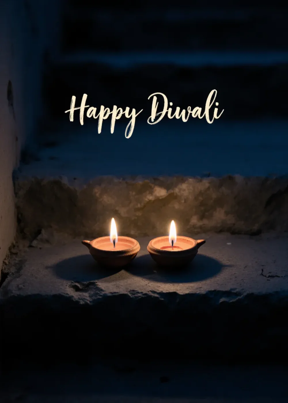Two clay lamps lit on a stone step at dusk. Happy Diwali.
