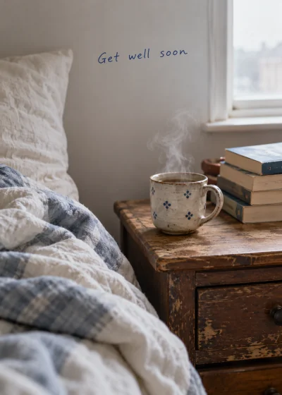 Tea beside a bed. Get well soon.