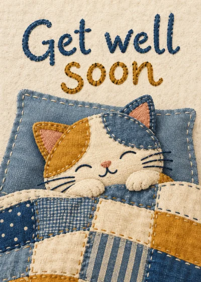A stitched patchwork cat. Get well soon.