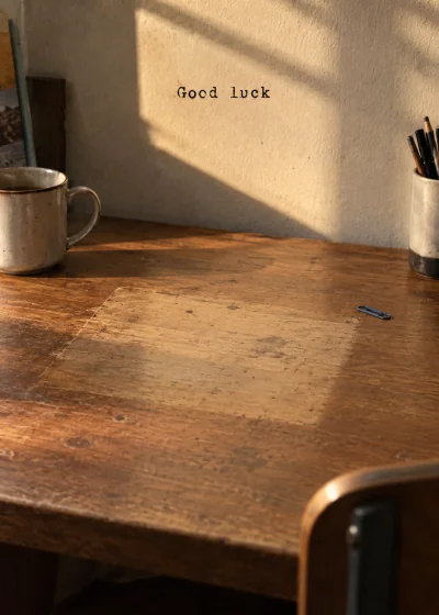 An empty desk in evening light. Good luck.