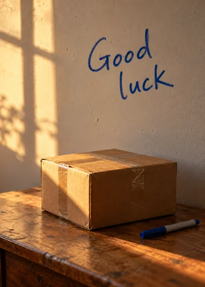 A box on an empty desk. Good luck.