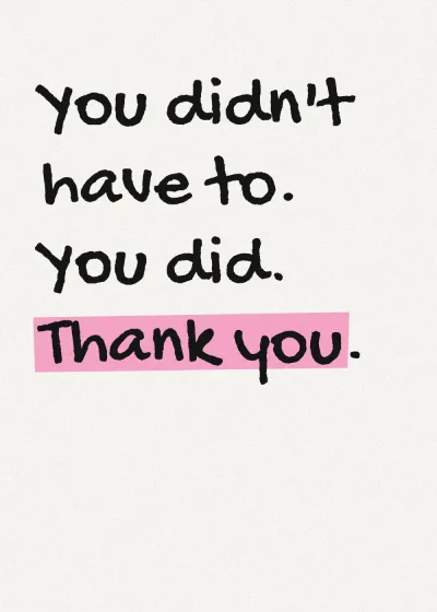 A thank-you card in marker lettering