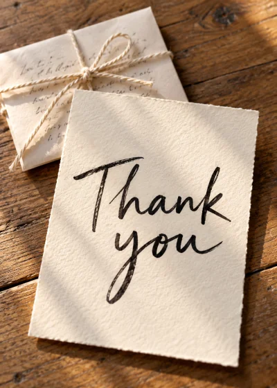 A folded note tied with twine. Thank you.