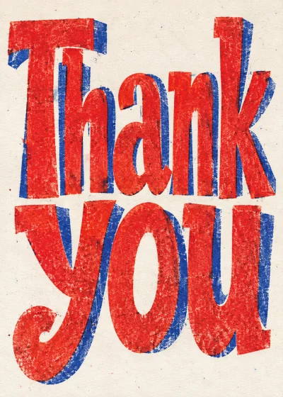 Red and blue risograph lettering. Thank you.