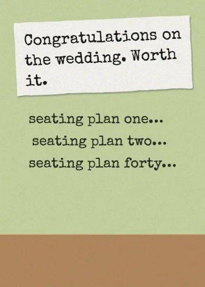 The words seating plan one, seating plan two, seating plan forty. Congratulations on the wedding. Worth it.