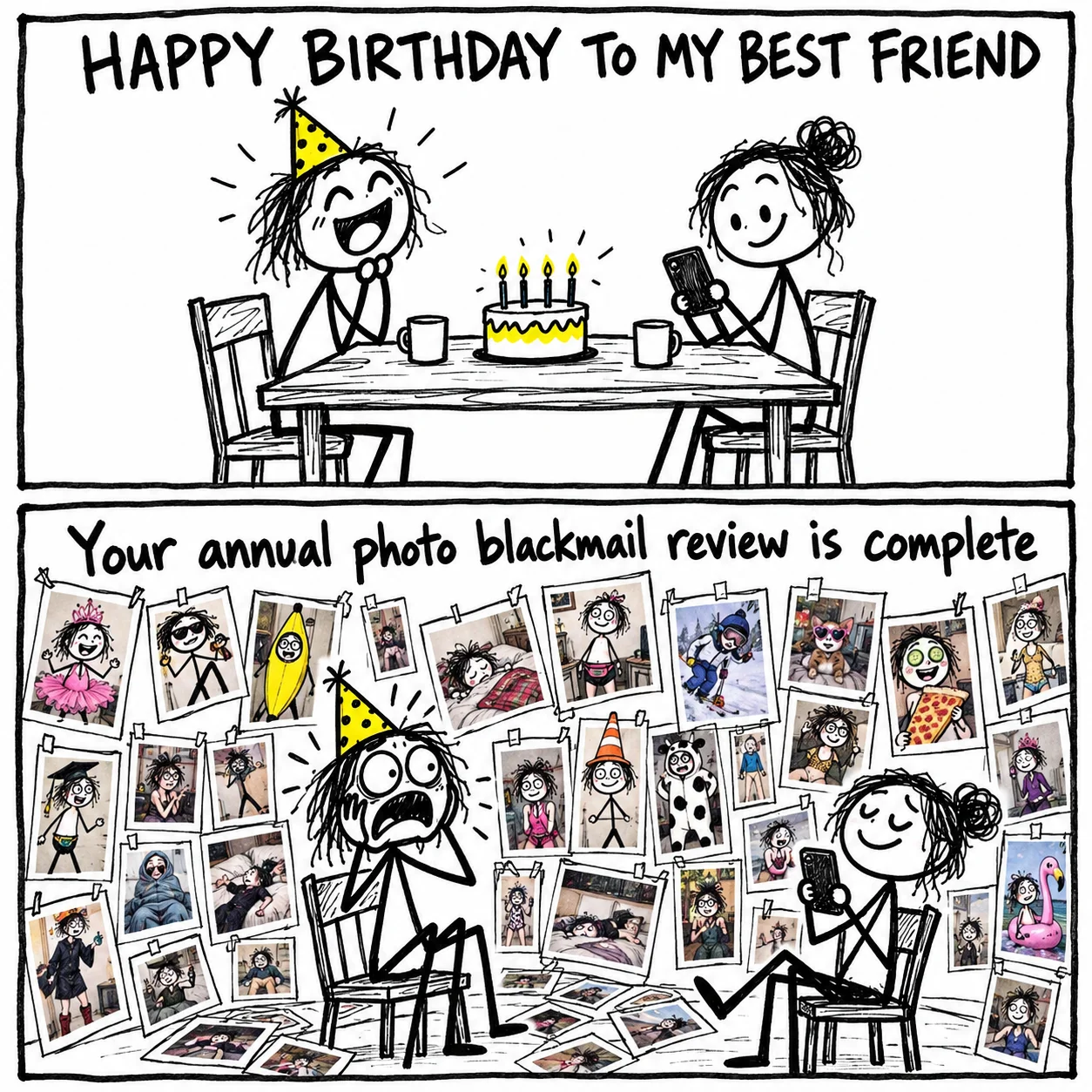 Funny birthday meme for a best friend: a wall of embarrassing photos appears behind a horrified birthday person.