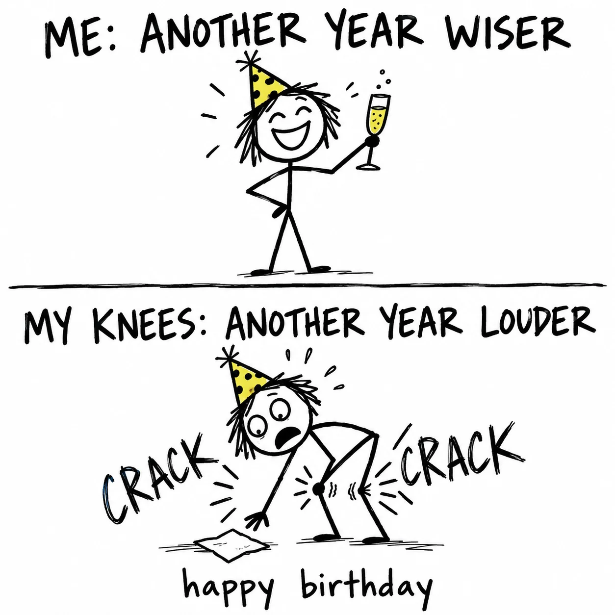 Getting older birthday meme: a person toasts another year wiser, then their knees crack as they bend down.