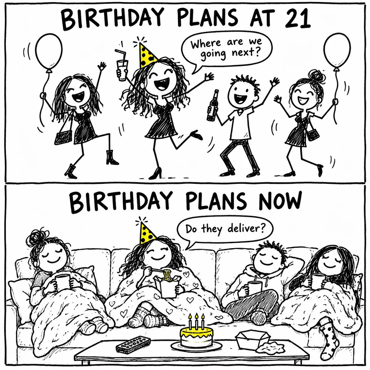 Birthday meme about getting older: a night out at 21 becomes takeaway on the sofa with friends.
