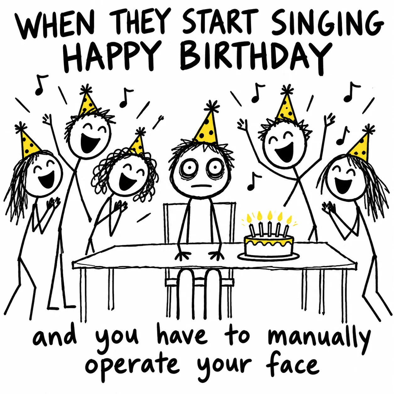 Happy birthday meme: a frozen birthday person faces five singing friends, trying to manually operate their face.